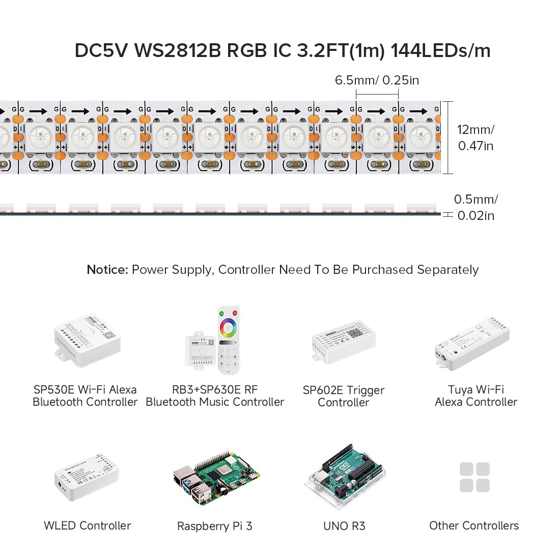 BTF-LIGHTING WS2812B 3.2FT 1m 144 LEDs/Pixels/m Individual Addressable 5050SMD LED Full Color led Pixel Strip White Board Dream Color Non-Waterproof