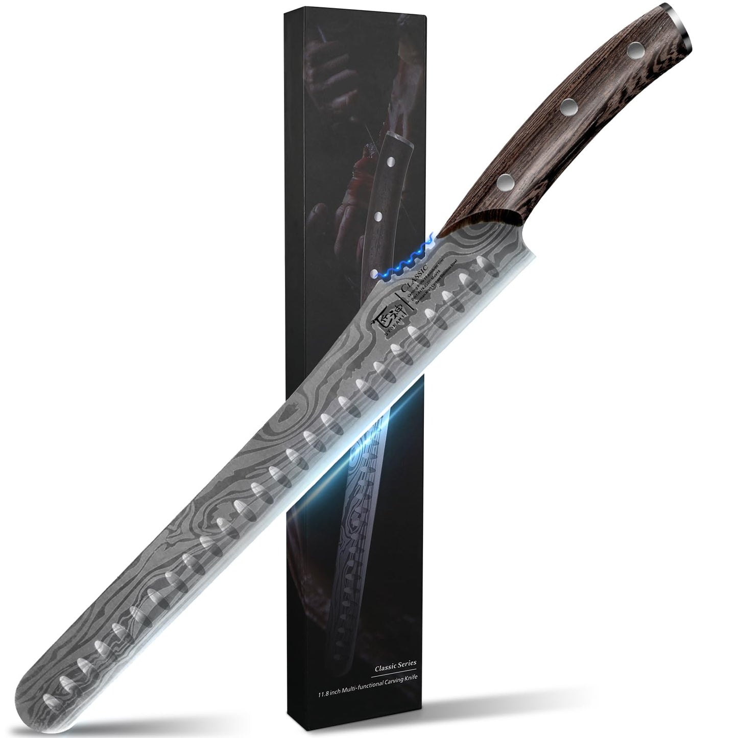 SYOKAMI Multifunction Carving Knife, 12 Inch High-Carbon Japanese Style Brisket Knife with Wood Handle, Damascus Pattern Full Tang Design,
