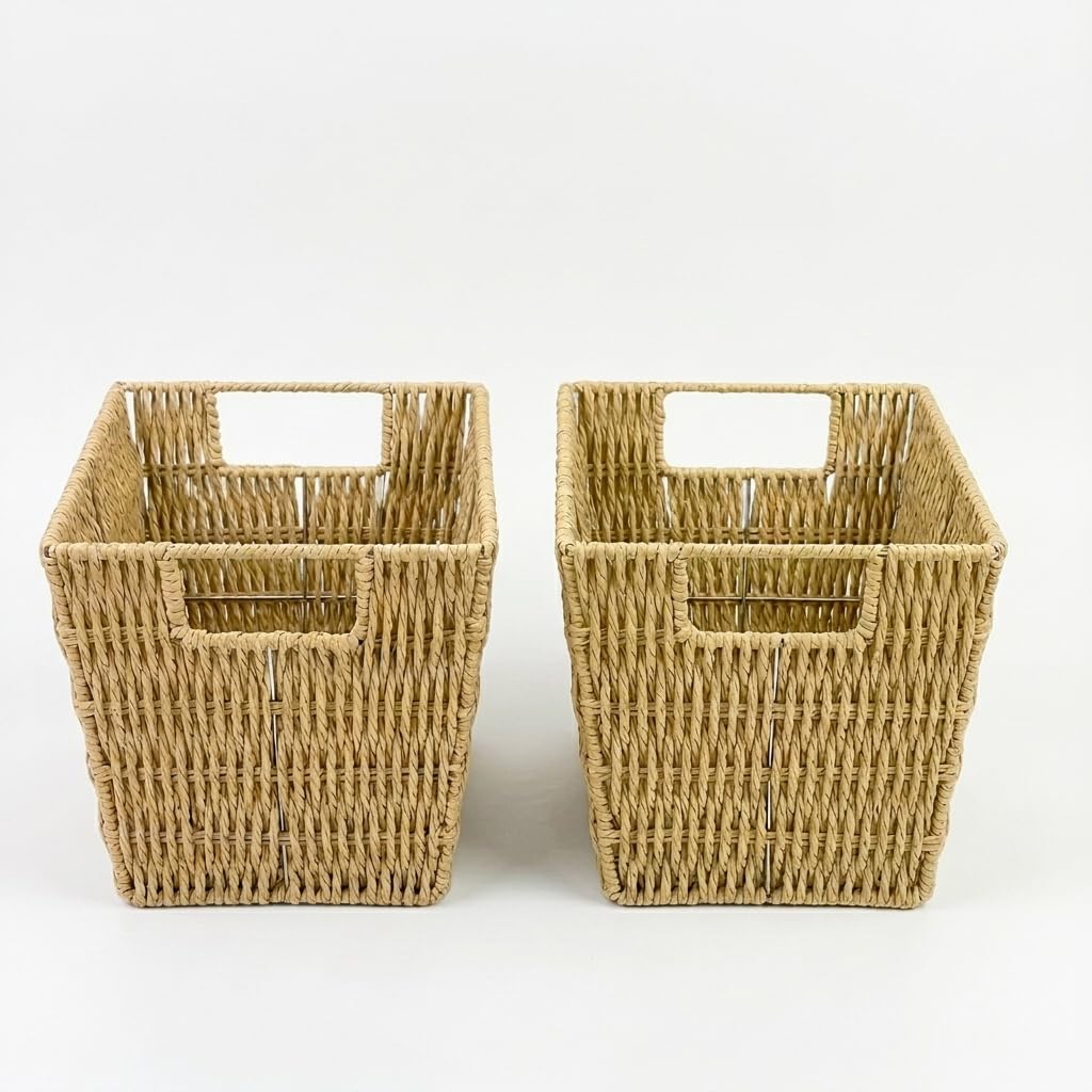 Viviendo Woven Storage Baskets Set of 2, Beige Rope Bins for Shelves
