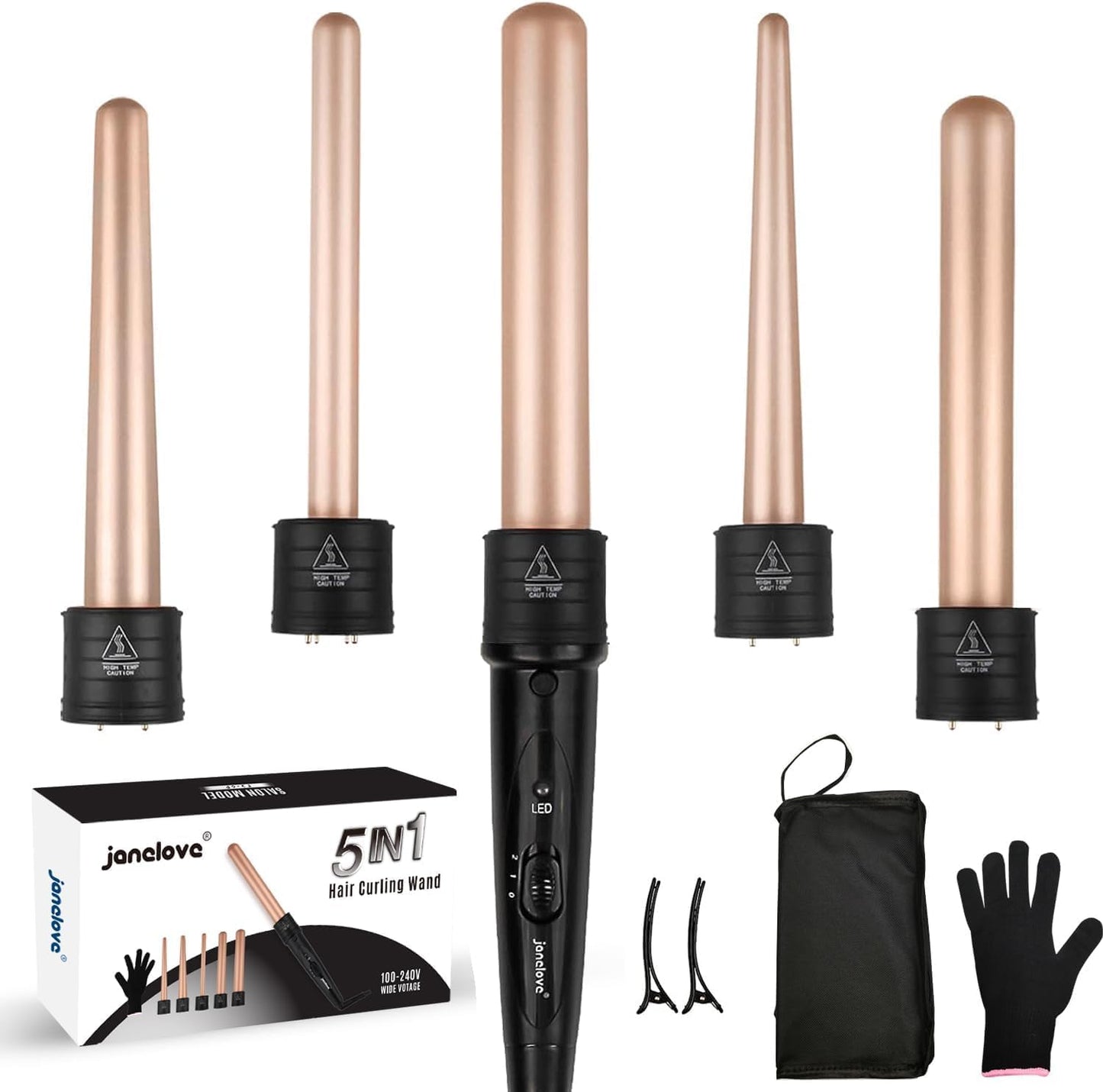 janelove Curling Wand,Hair Curlers for Long Hair, Curling Wand Set with 5 Ceramic Barrels,from 9/18/25/32 mm, 150?-210? Temperature Control,with Heat