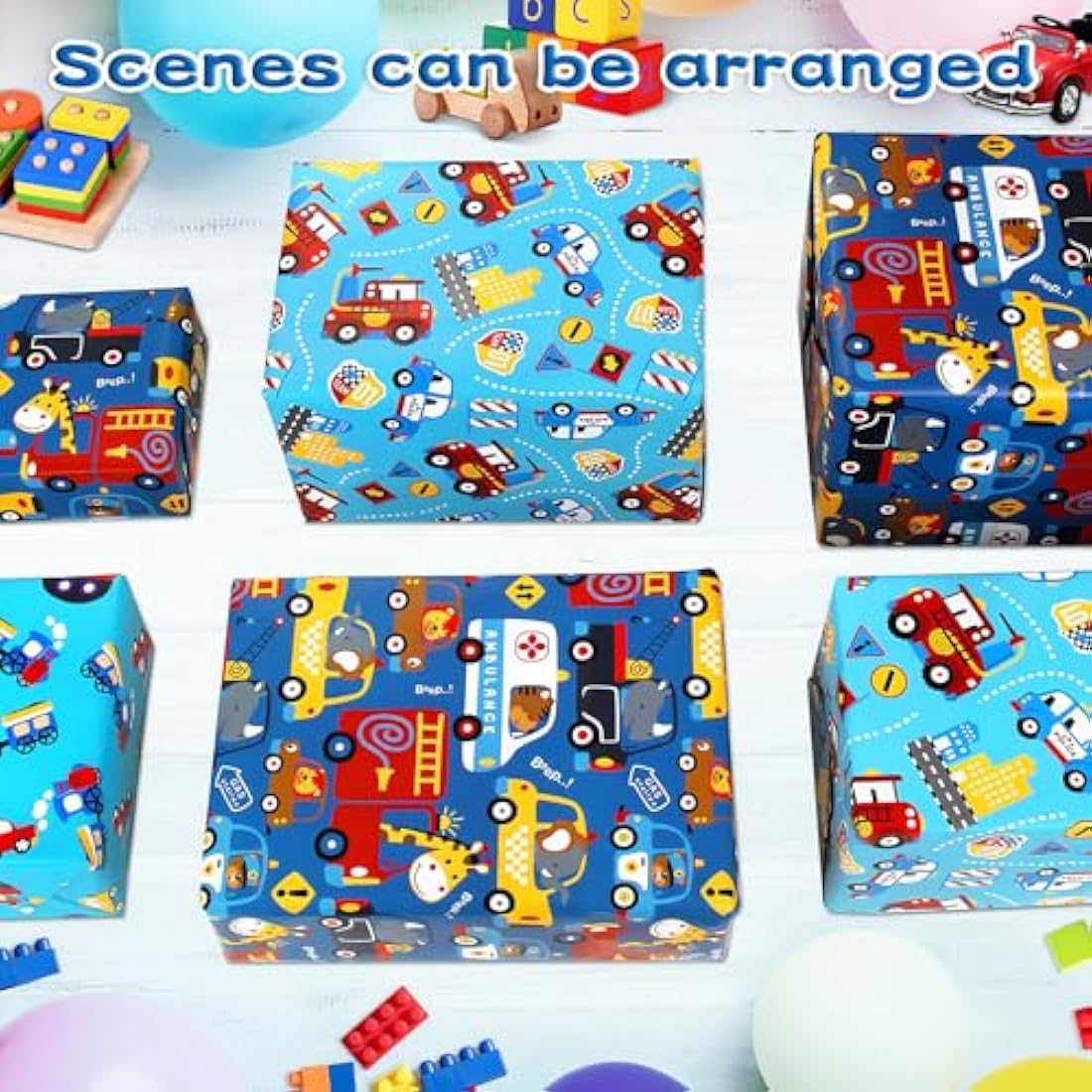 Kids Boys Birthday Gift Wrap Set - Police Car Fire Trucks Crane Ambulance Giraffe Elephant Gift Wrapping Paper Sheets, Tag Ribbion