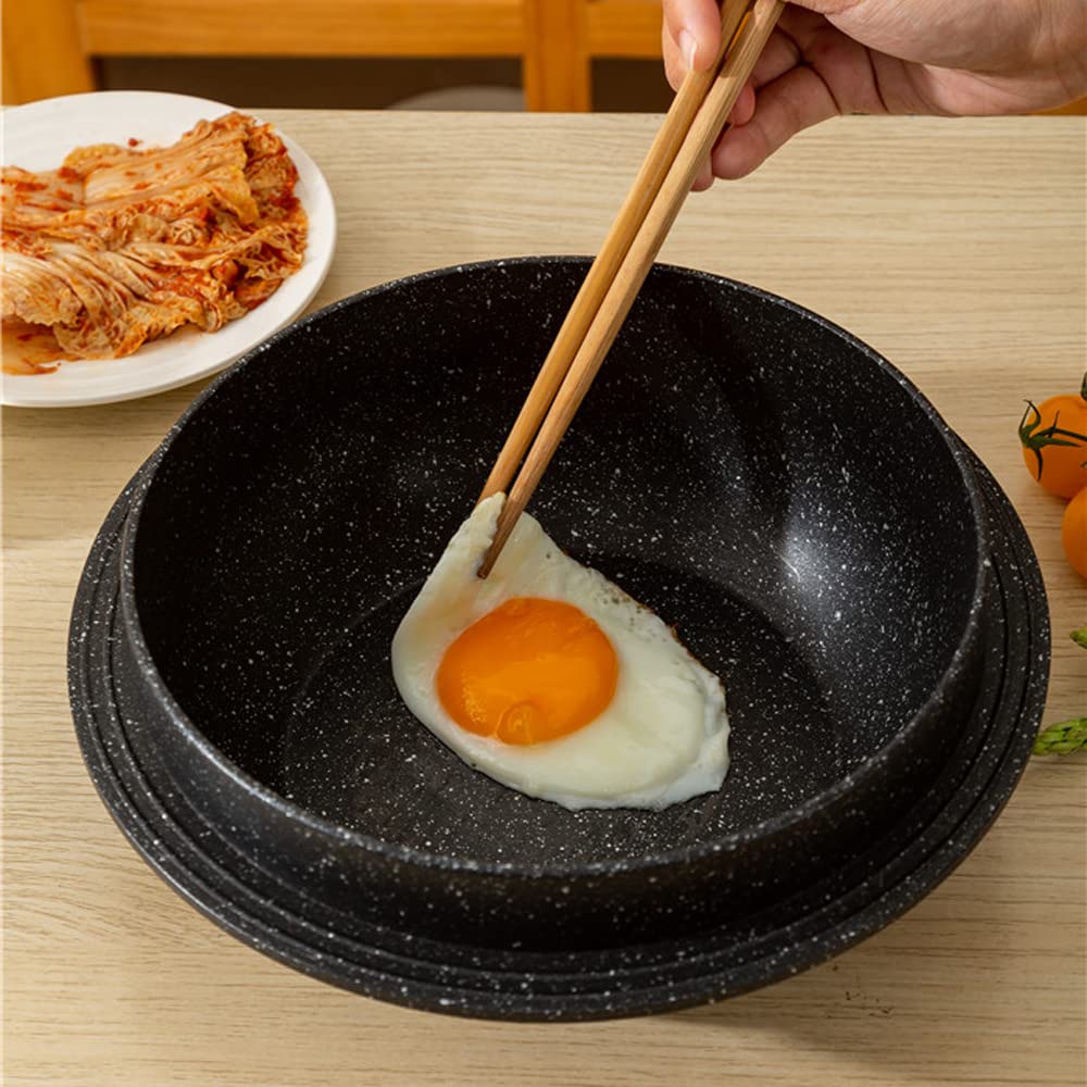 Bobikuke Cast Aluminum Pot with Lid, 24 cm Non-Stick Casserole Dish Korean Stone Bowl Induction Compatible, Black