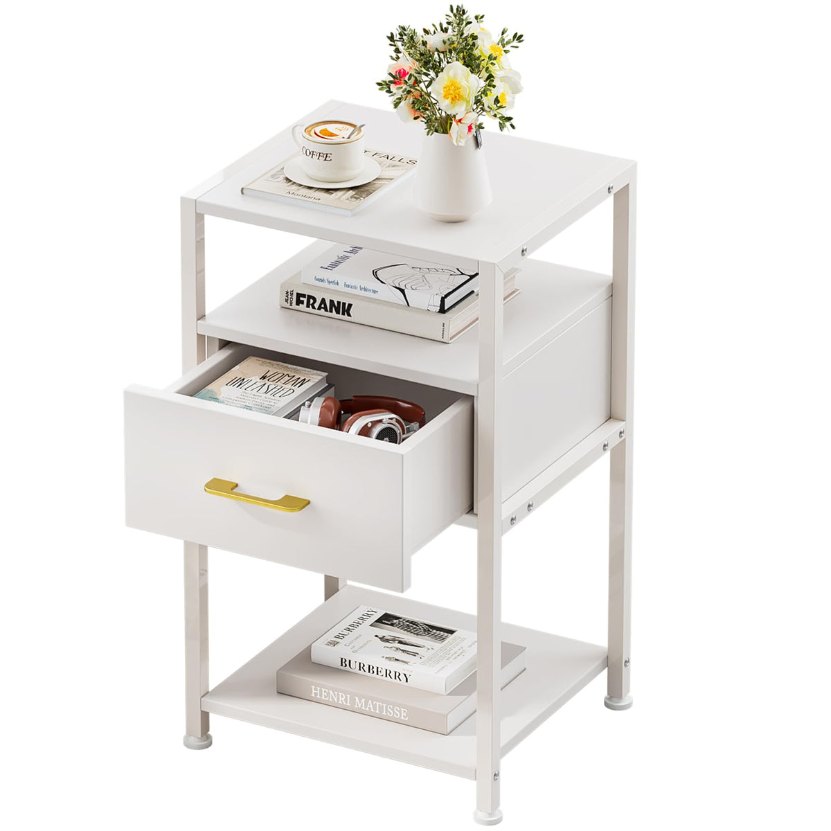 3 Tier Slim Wooden End Table with Drawer & Open Shelves