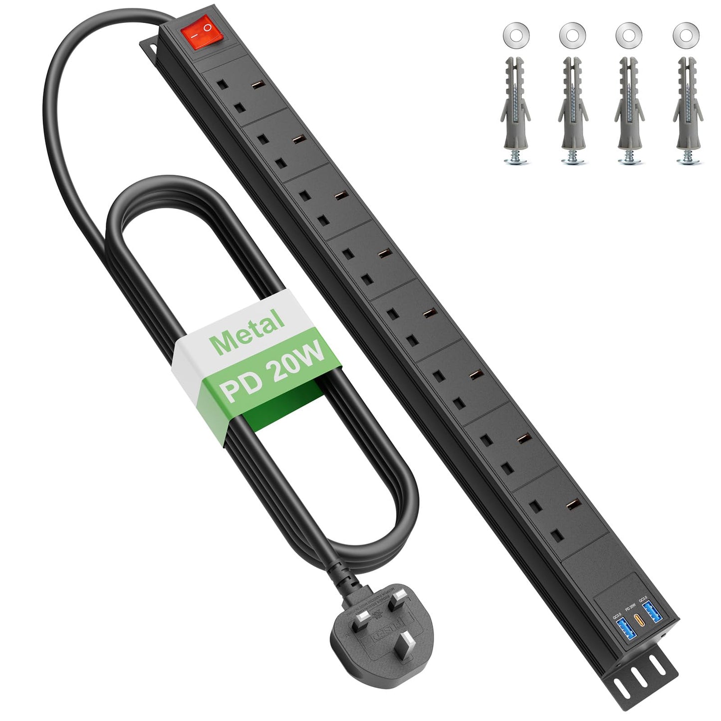 8 Way Power Strip Surge Protector USB C PD20W, Extension Lead with Switches Surge Protected, Wall Mount Power Strip for Home Office, 1.8M Cable