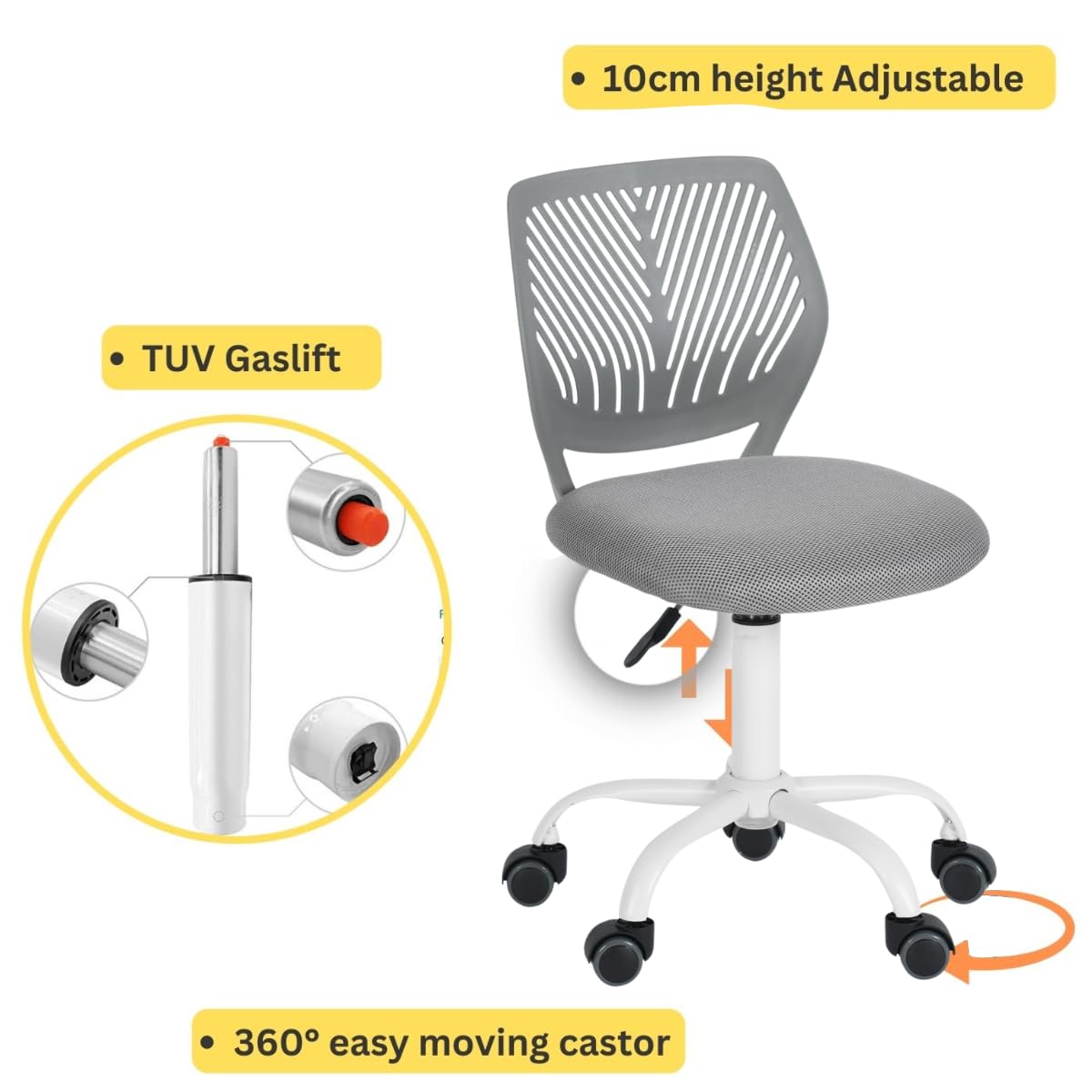 FurnitureR Home Office Chair, Modern Adjustable Computer Seat, No Swivel Armrest Office Chair, Youth Office Chair, Study Room, Grey