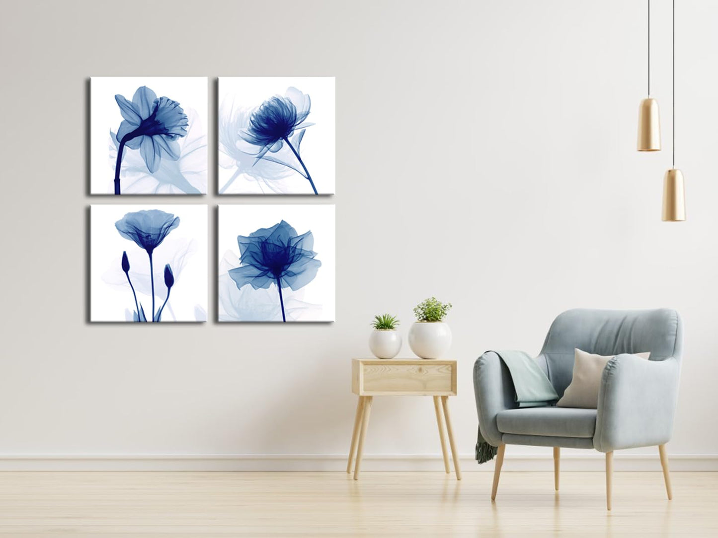 Wieco Art Large Blue Flickering Flower Modern Abstract Paintings Canvas Wall Art Grace Floral Pictures on Canvas Print 4 Panels Artwork for Living