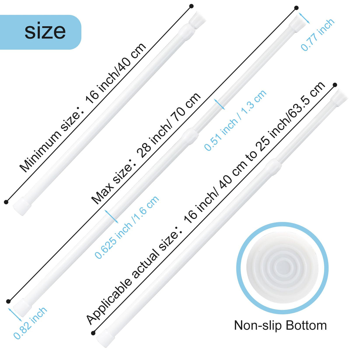 GOOWIN 40-70cm Tension Rod,3 Pcs Tension Rods for Curtains,No Drilling Spring Adjustable Small Tension Rod for Curtain,Bookshelf,Cupboard,Wardrobe