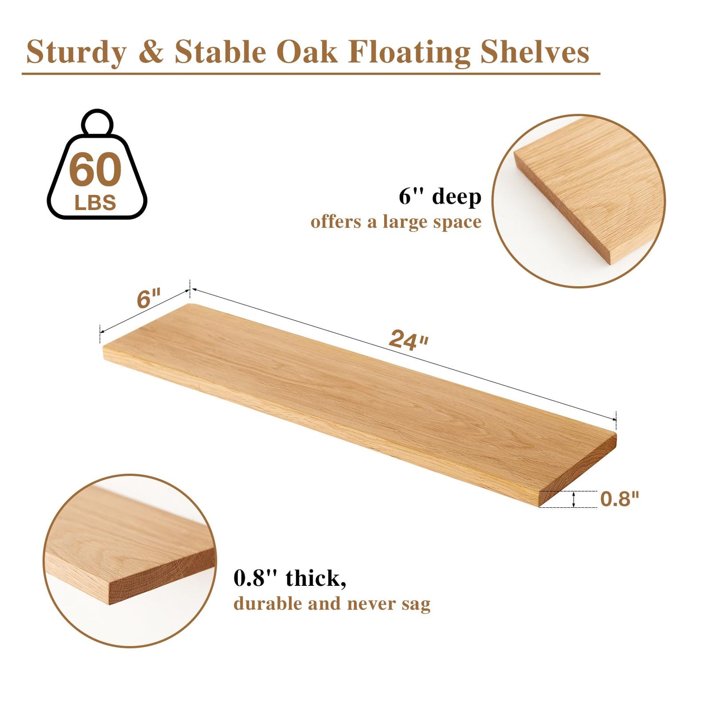 TREOAKWIS Wooden Floating Shelf, Oak Wall Shelf Rustic Floating Solid Wood Bookshelf Wall Mounted Display for Magazine Living Room Bathroom Bedroom