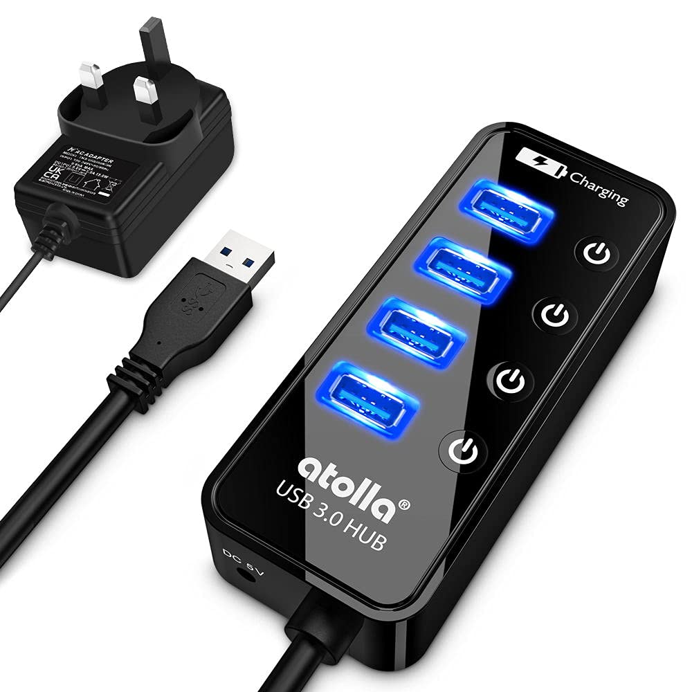 atolla USB Hub with 4 USB 3.0 SuperSpeed Data Ports and 1 USB Smart Charging Port, USB Splitter with Individual On/Off Switches and 5V/3A Power