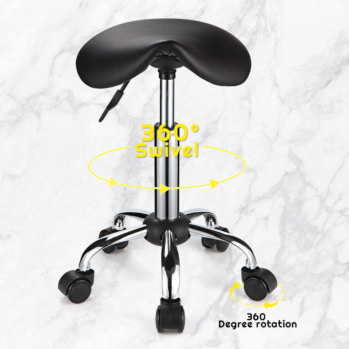 FNZIR Saddle Rolling Stool with Wheels PU Leather Height Adjustable Swivel Stools Chair Black