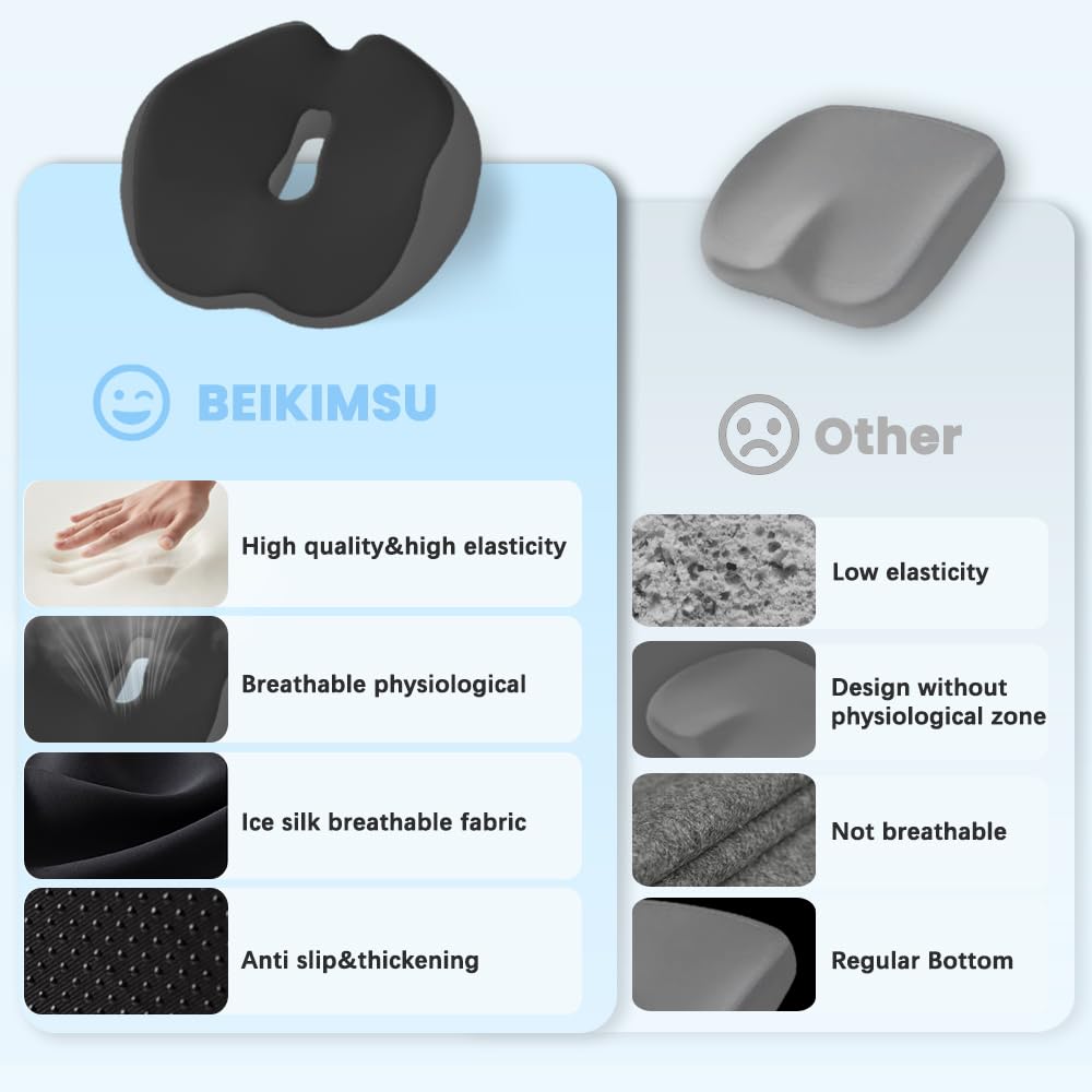 BEIKIMSU Memory Foam Seat Cushions with Ergonomic Design for Tailbone Pain