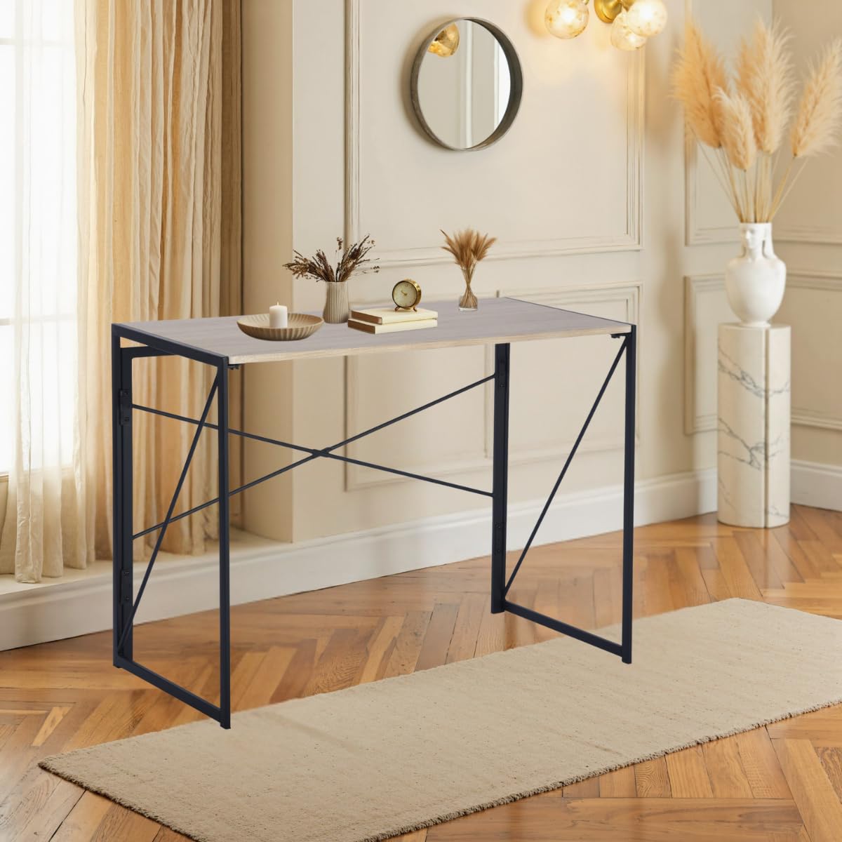 FurnitureR Folding Computer Desk,Industrial Style MDF Table Top Black Metal Frame,Space Saving For Small Apartment