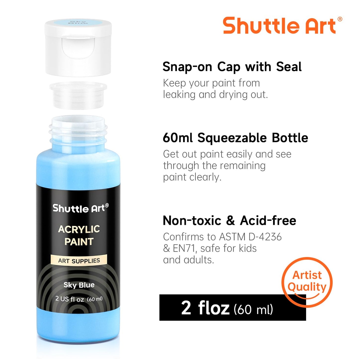 Shuttle Art Acrylic Paint, 50 Colours 2oz/60ml Acrylic Paints Set with 10 Brushes, Water-proof, Premium Acrylic Paints for Artists, Beginners and Kids