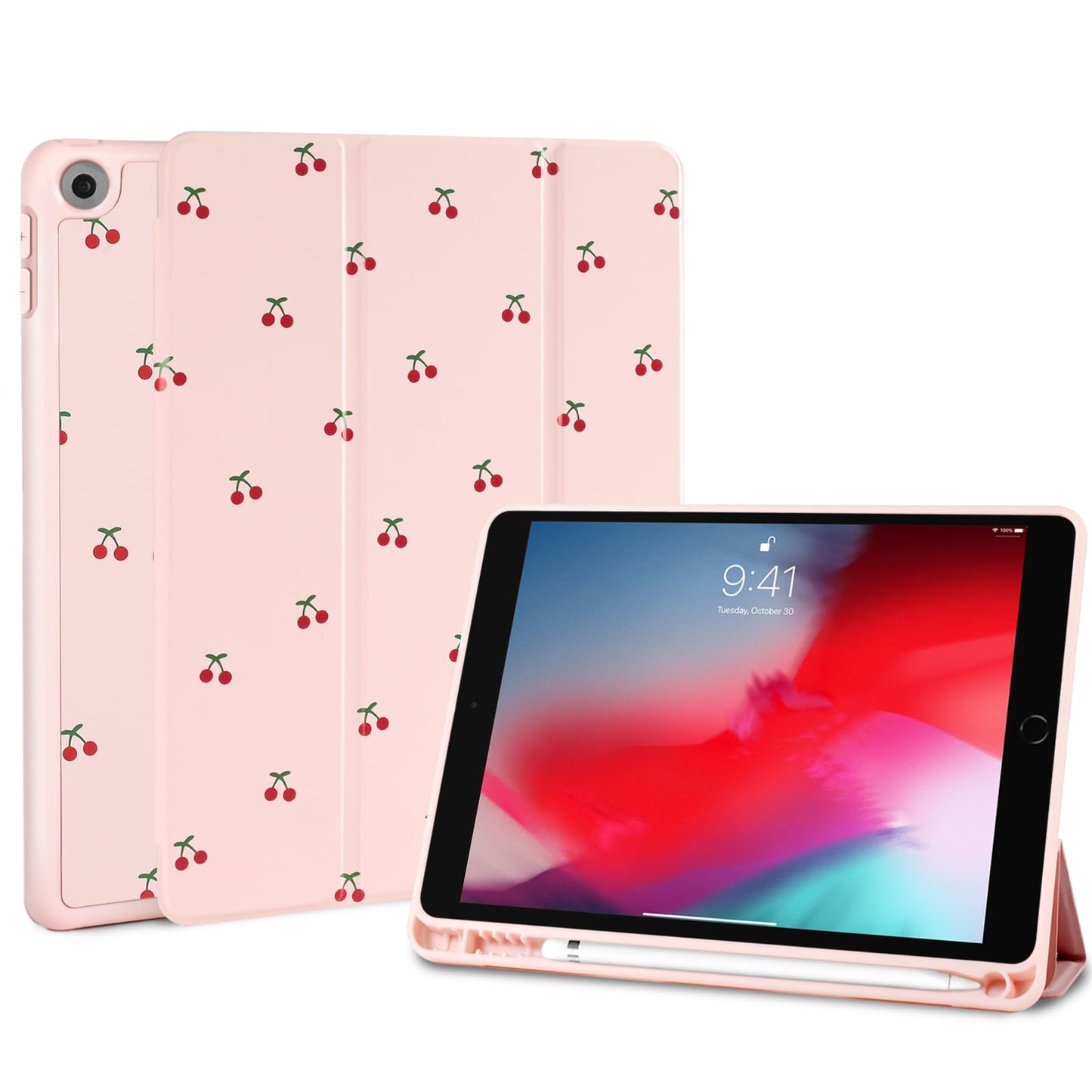 Fycyko Compatible with iPad 10.2 Inch Case, iPad 9th/8th/7th Generation 2021/2020/2019 Pink Coquette Cherry Design with Pencil Holder Shockproof