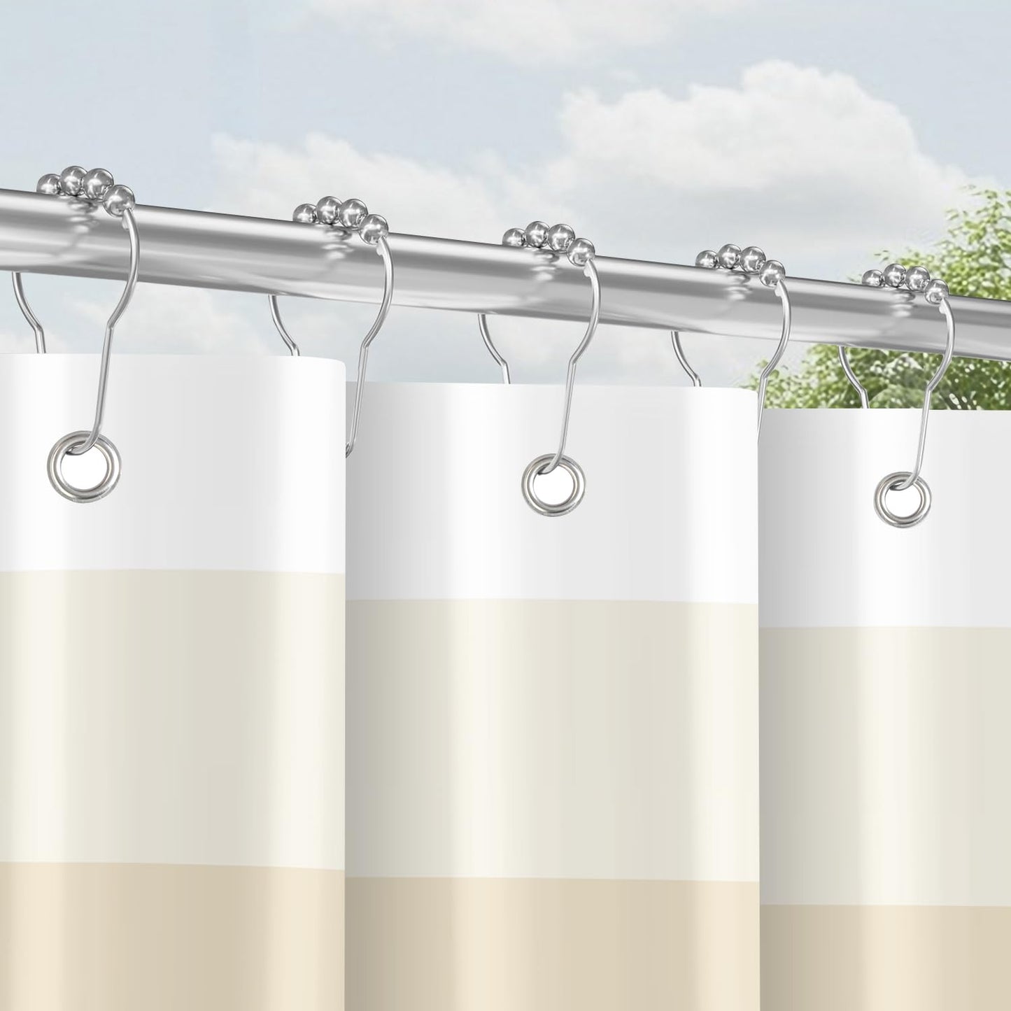 Shower Curtain with Metal Shower Curtain Rings, 180 x 200 cm Rail, Beige, Weighted Hem, Anti-Mould Textile, Water-Repellent, Washable Polyester Bath