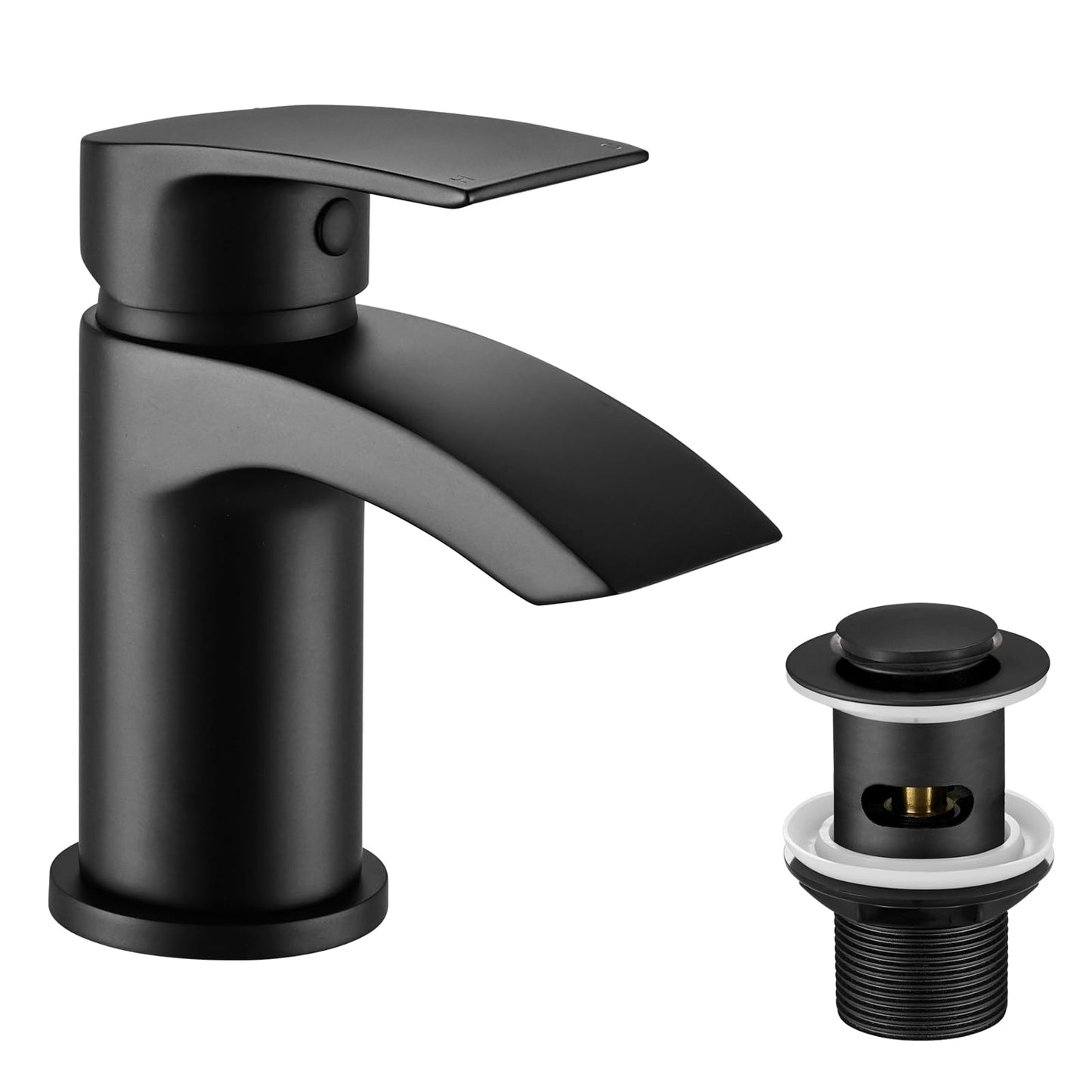 Basin Mixer Taps Waterfall Black with Slotted Pop-up Waste Bathroom Sink Tap Mixers Mono 1 Hole Single Lever Modern with G1/2'' Hoses Round Cloakroom