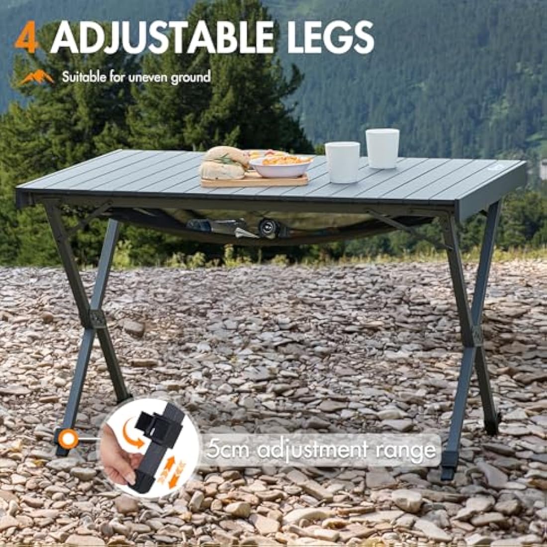 PORTAL Large Camping Table Folding 108x71cm Height Adjustable Picnic Table Foldable All Aluminum Roll Up Top Collapsible Outdoor Desk Lightweight Garden Table Load 100KG for Caravan BBQ Dining Beach