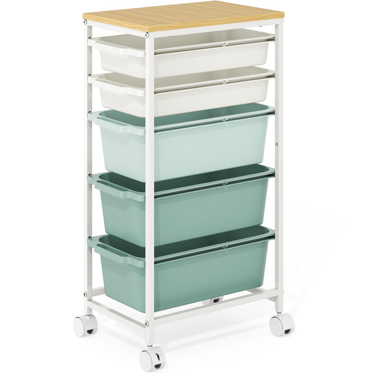 KINGBOARD 5 Drawers Storage Trolley on Wheels, Green