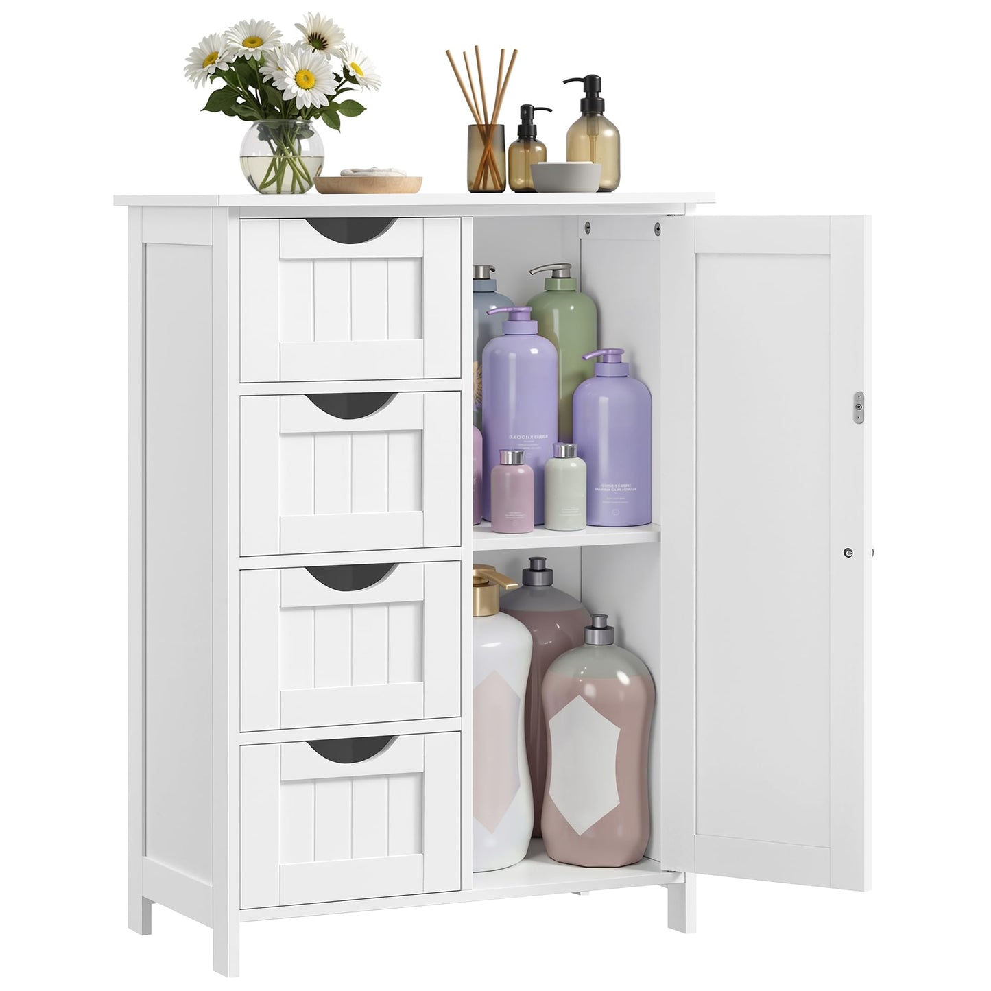 VASAGLE Bathroom Floor Storage Cabinet, Bathroom Storage Unit with 4 Drawers, Bathroom Cabinet Freestanding, with 1 Door, Adjustable Shelf, 35 x 65 x