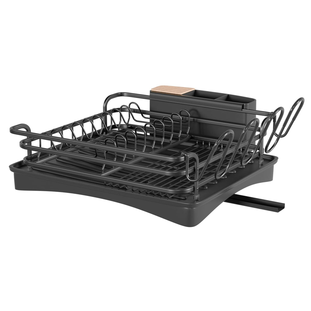 BRIAN & DANY Aluminum Dish Drying Rack, Dish Drainer with Removable Cutlery Holder & Cup Holder, Unique 360 Swivel Spout Drain Board, Black
