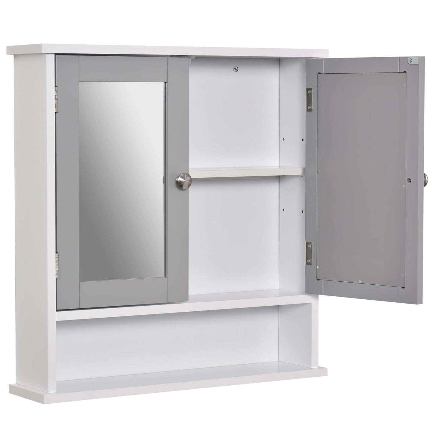 kleankin Mirror Cabinet Wall Mounted with Double Mirrored Doors, Hanging Cabinet with Cupboard and Shelf, Bathroom Wall Storage Organiser, Grey