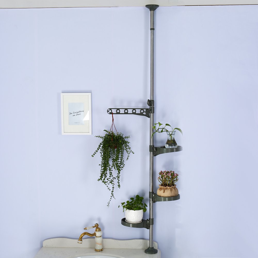 BAOYOUNI Indoor Plant Pole Stand Tension Rod Adjustable Flower Display Rack Spring Loaded Floral Hanger Storage Shelf with 3 Trays & 1 Arm for