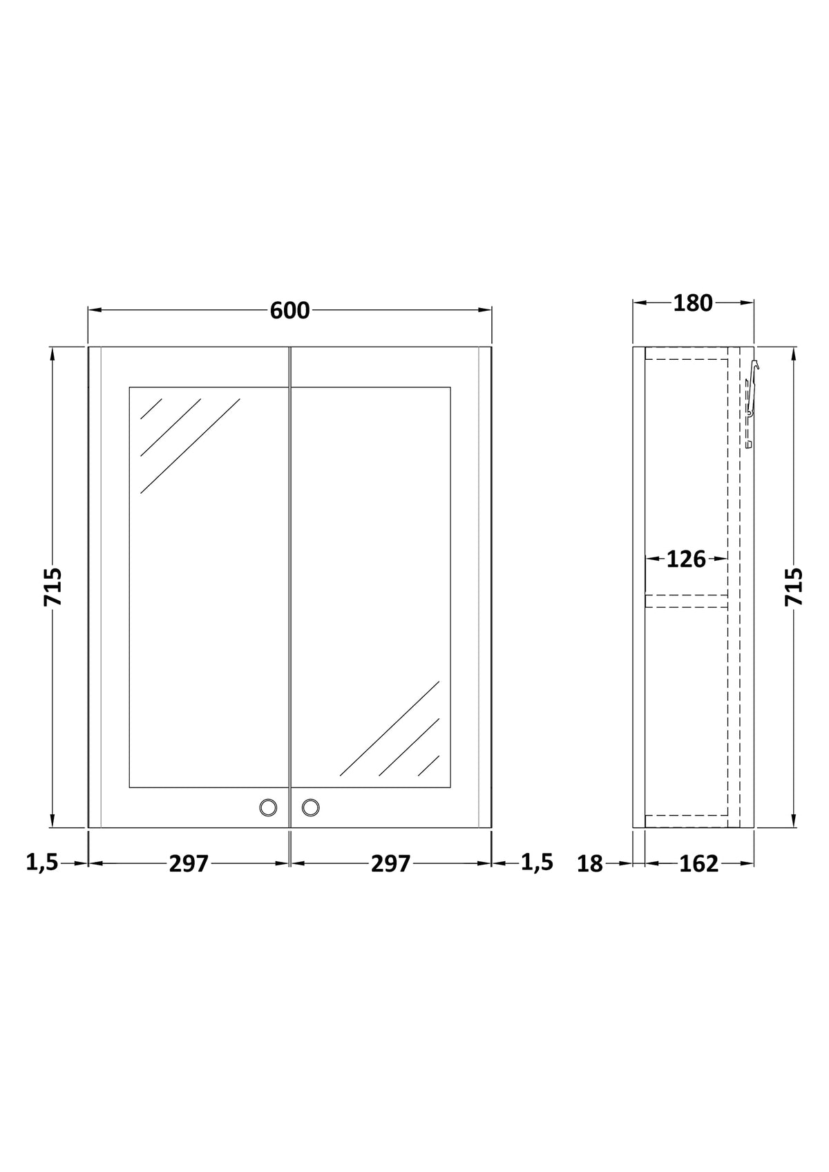 nuie CLA1417 Classique Traditional Bathroom Wall Hung 2 Door Mirror Cabinet, 600mm, Soft Black