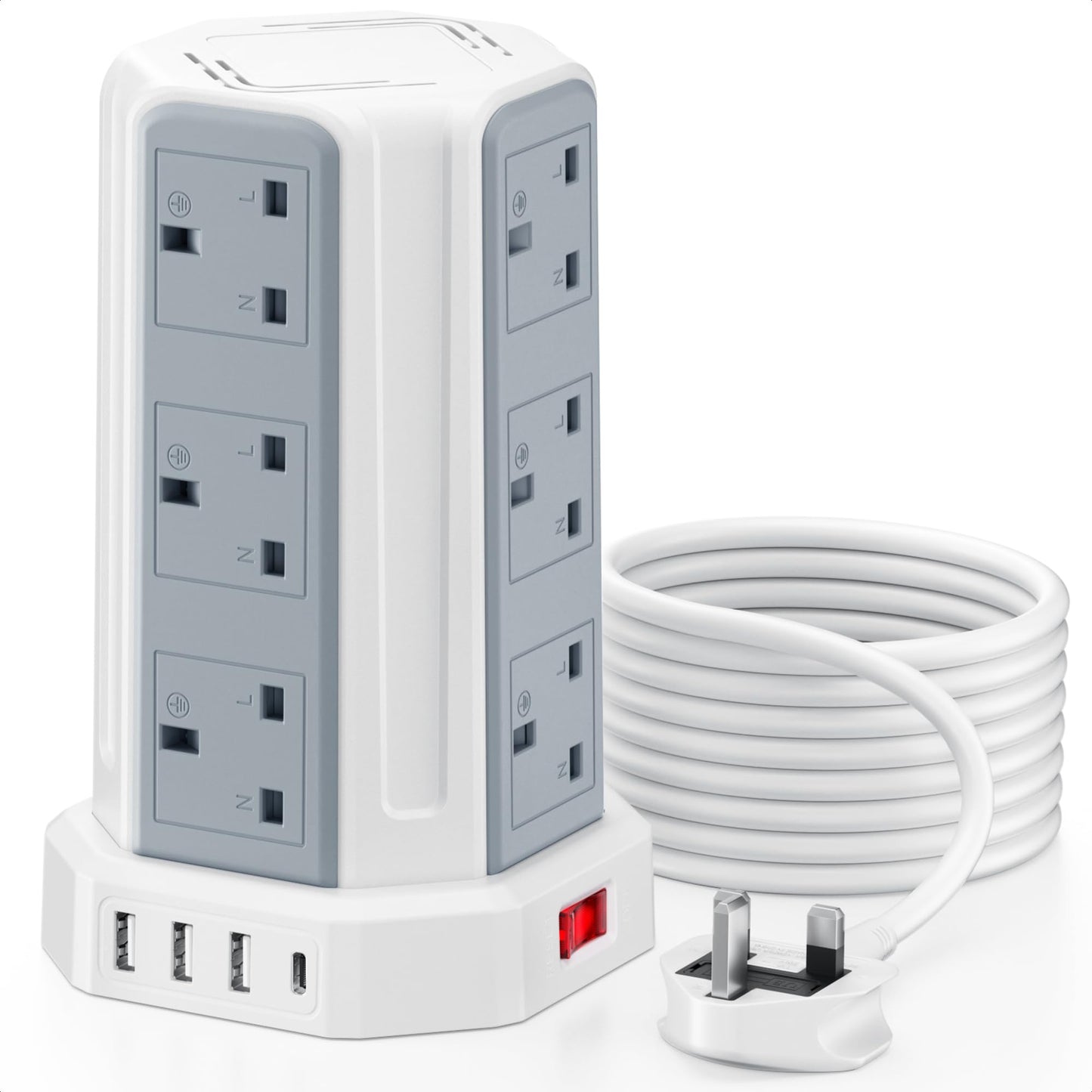 Tower Extension Lead 5M, [13A 3250W] 12 Way Extension Tower Multi Plug Extension Sockets with 4 USB Slots, Surge Protector Extension Cable 5M for