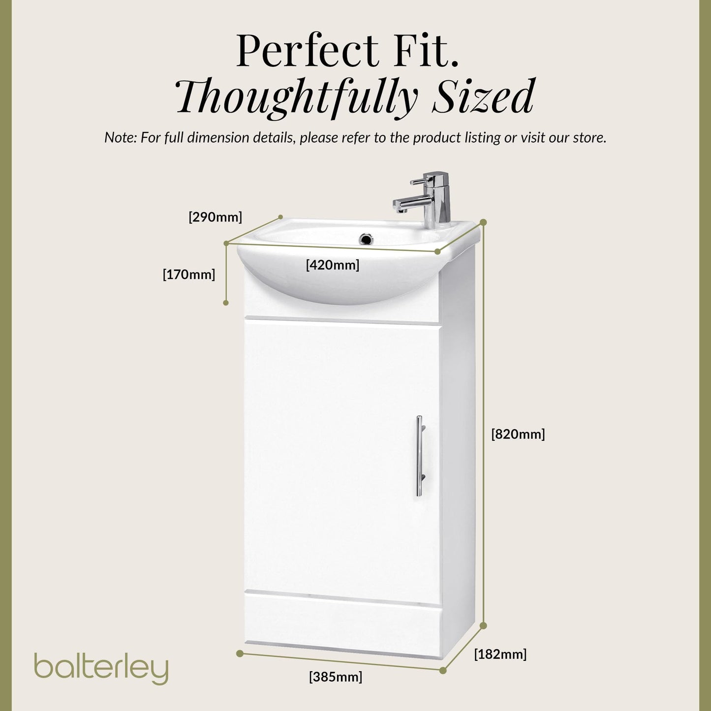 Balterley Vanity Unit with Basin Floor Standing, Soft Close Single Door with Curve Sink and Handle, Bathroom Vanity Units with Basin