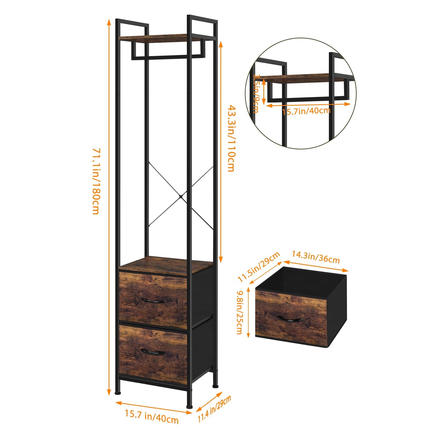 UOMIO 180CM Tall Clothes Rail with Drawers, Narrow Freestanding Coat Rack, Space Saving Clothing Rail Hanger with Storage Shelf