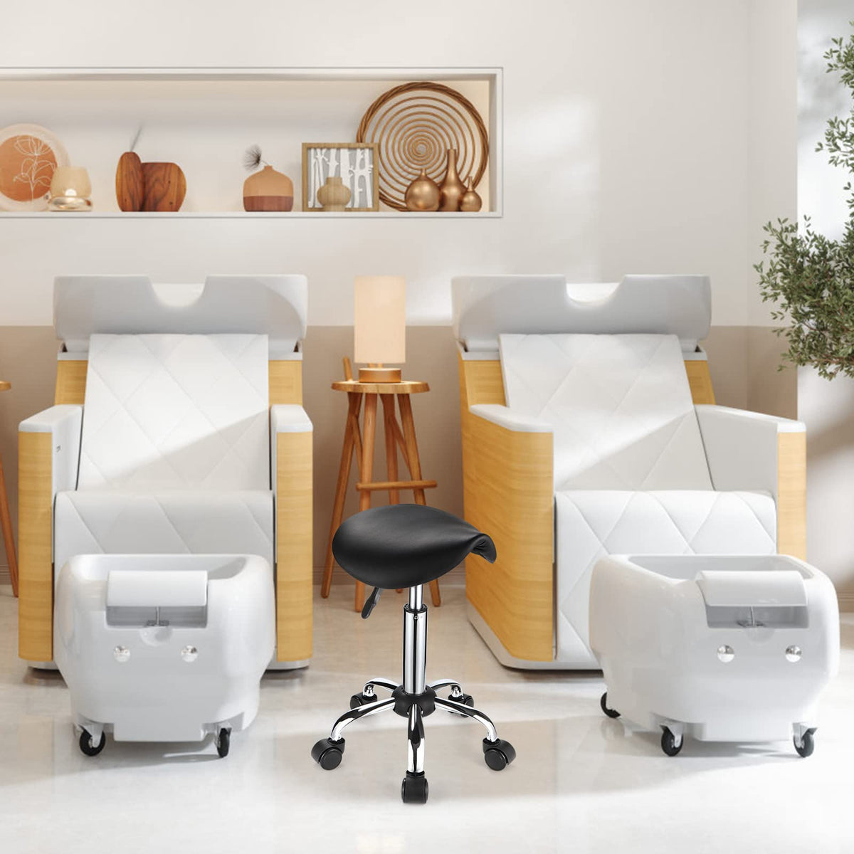 FNZIR Saddle Rolling Stool with Wheels PU Leather Height Adjustable Swivel Stools Chair Black