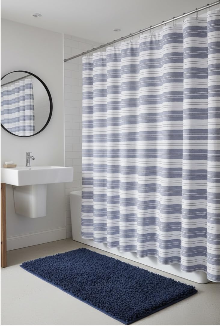 Serafina Home Nautical Chambray Blue and White Fabric Shower Curtain: Cotton Luxury Hotel Stripe with Detailed Eyelet Decorative Weave (Navy)