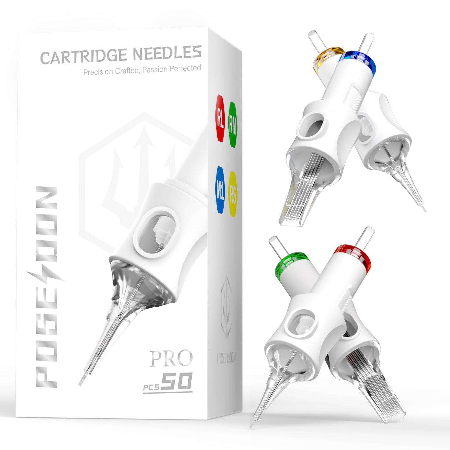 POSEIDON Professional Tattoo Cartridges Needles 50-Pack, Assorted Sizes Round Liner Shader Magnum, 3RL/5RL/7RL/9RL/9RM/11RM/15RM/7M1(#10),