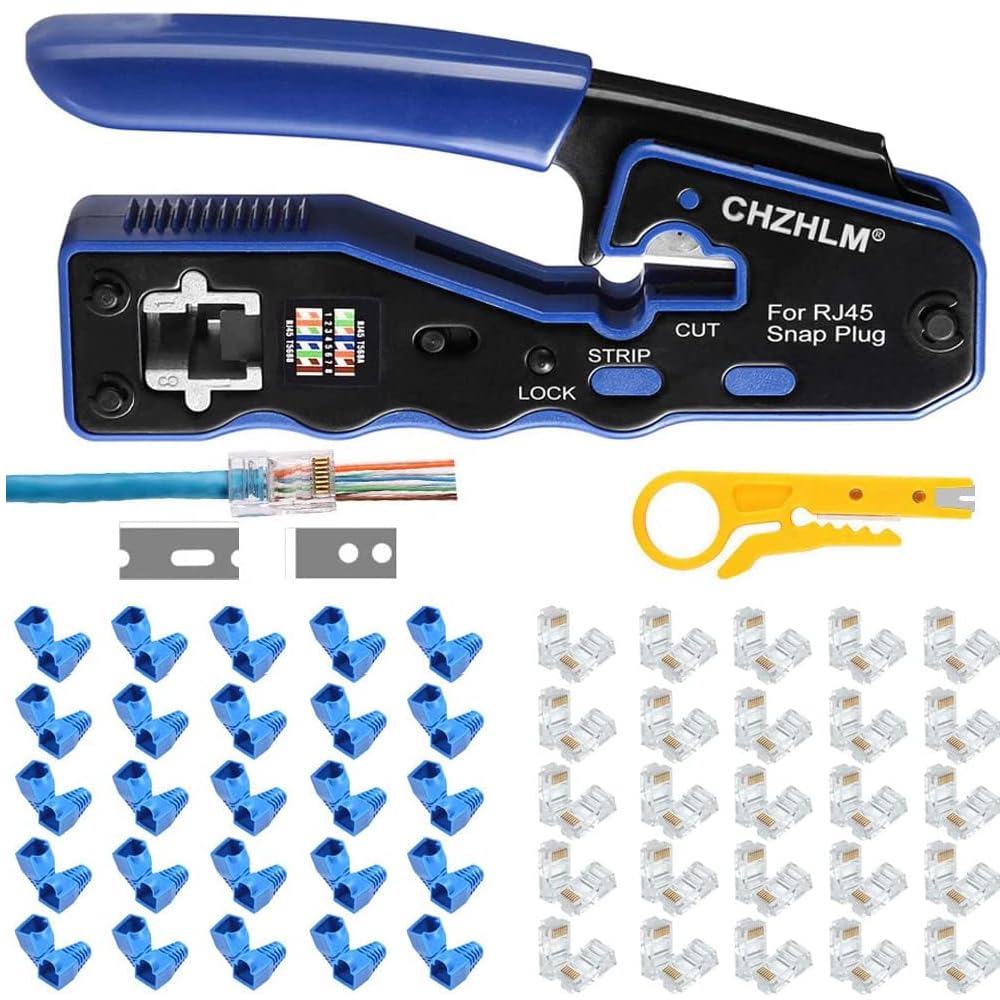 Rj45 Crimp Tool Pass Through Ethernet Crimping Tool kit for 8P Cat5 Cat6 Pass Through Connectors Network Crimp Tool RJ45 Crimper with 50Pcs Covers and