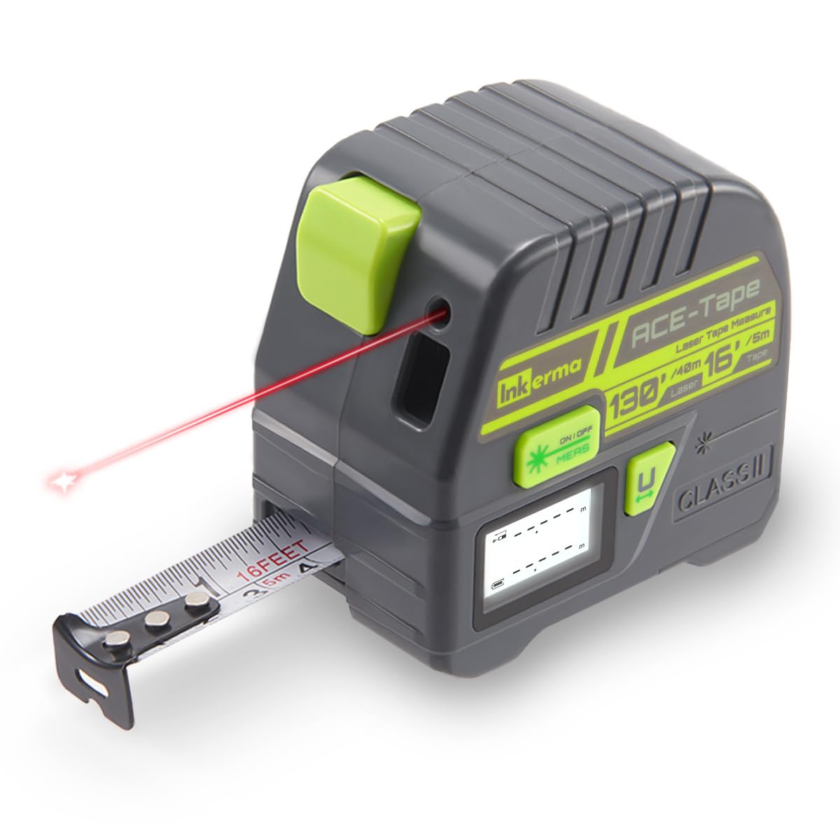 2-in-1 Laser Tape Measure, Inkerma 130Ft/40m Laser Measurement Tool & 16Ft/5m Measuring Tape, Digital Laser Tape Measure with M/In/Ft/Ft+In Units, LCD