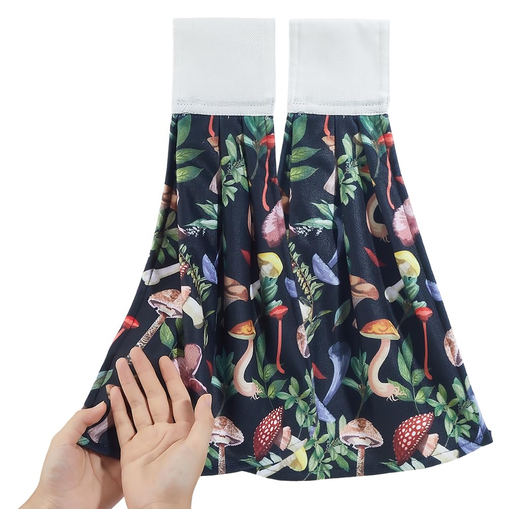 CREATCABIN Mushroom Hanging Kitchen Towel with Hanging Loop Set of 2 Absorbent Kitchen Tie Towels Soft Thick Dry Cleaning Hand Dishcloths Washcloth