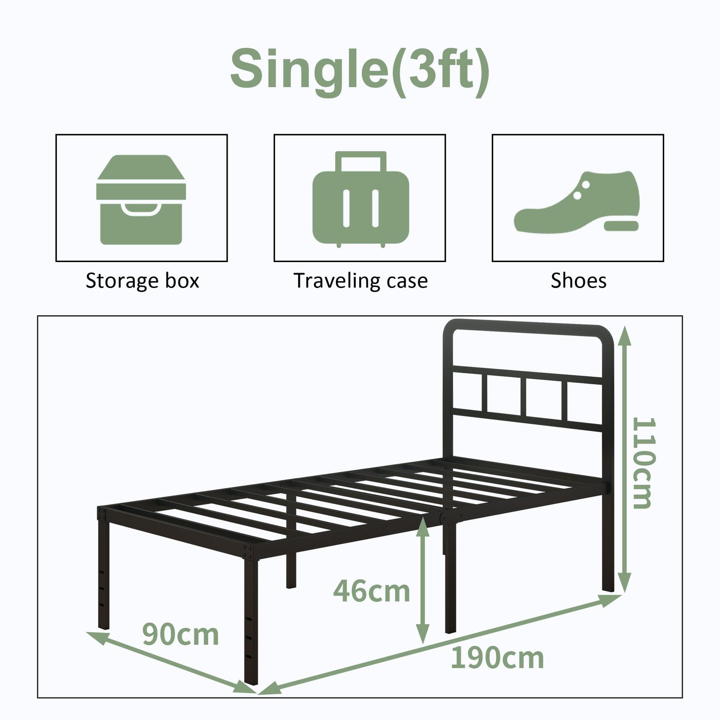 Lutown-Teen Metal Single Bed Frame with Headboard, 46 cm High