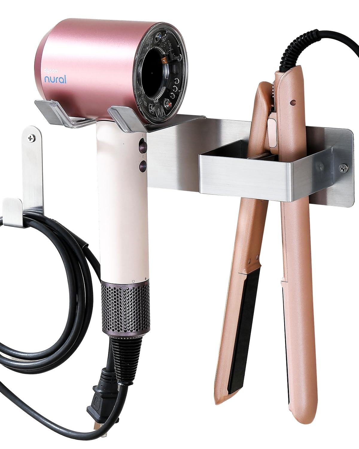 UEMUSI Hair Dryer and Straightener Holder, Stainless Steel Hair Dryer Holder Station, Hairdryer Holder Wall Mounted for Bathroom, Self