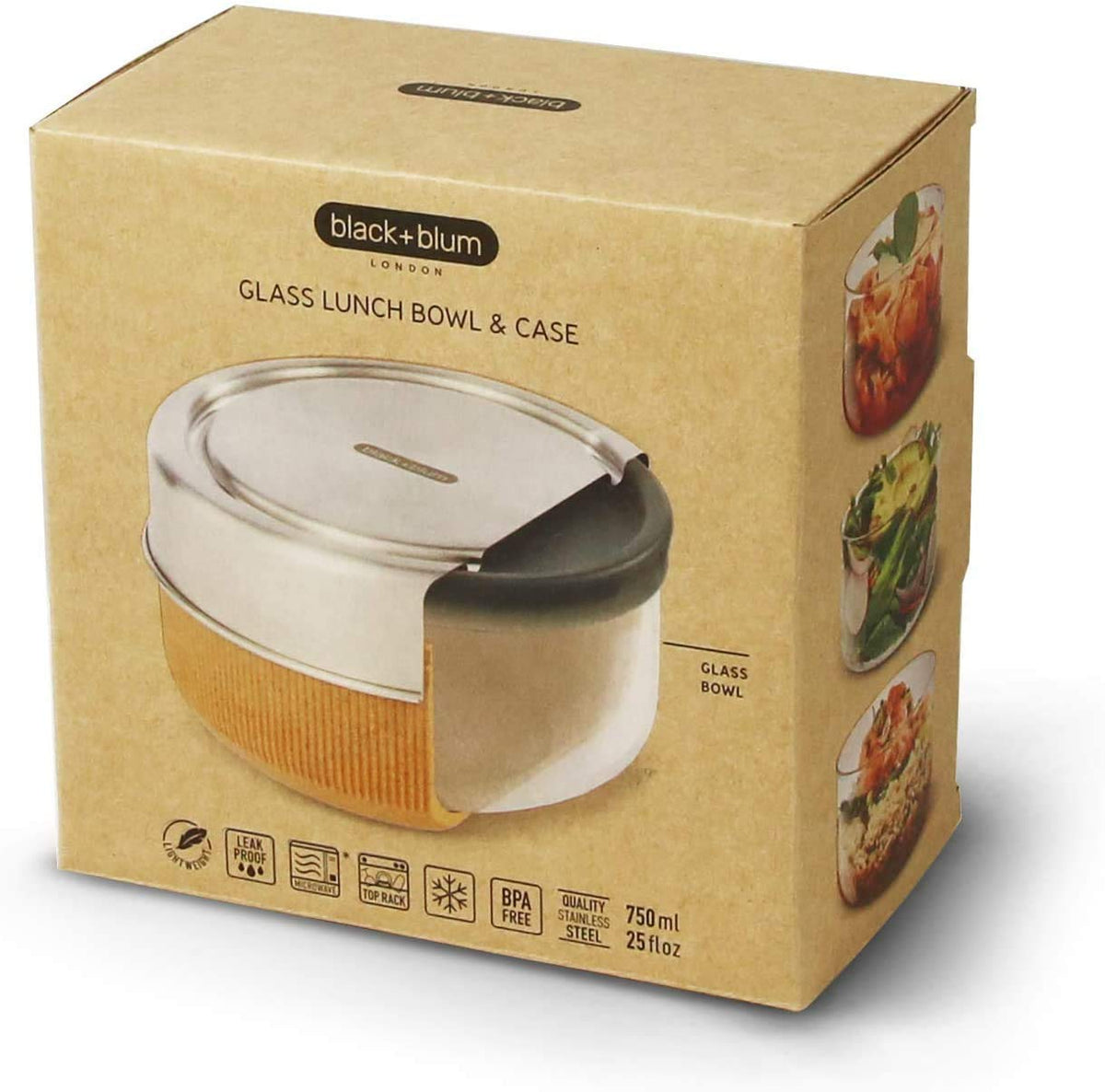 Black+Blum GR-LB-L014 Pot Glass Bowl | Leak-Proof Oven Safe Meal Prep Lunch Box Food Container, Stainless Steel, Polypropylene with Wood Fibre and
