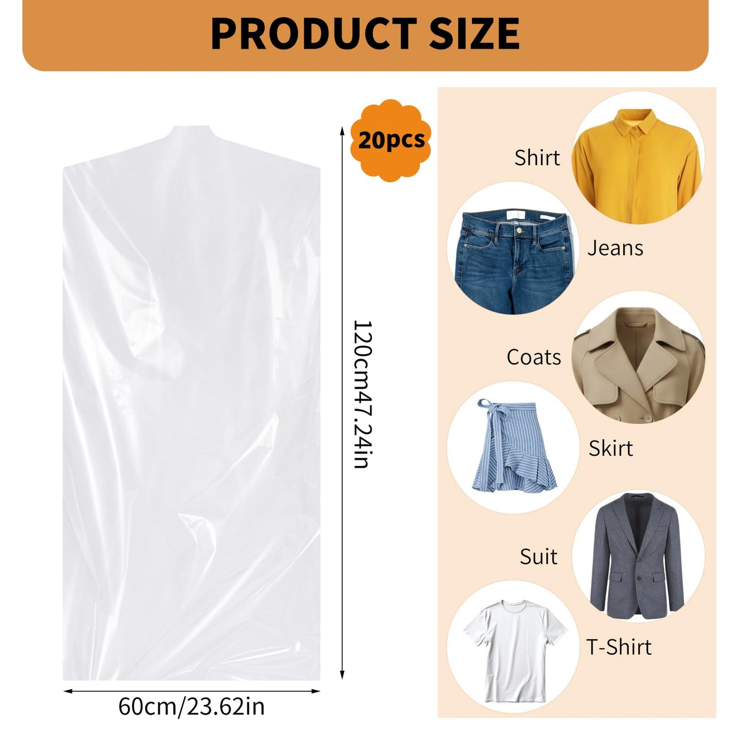 20 Pack Plastic Clothes Covers, Dry Cleaning Bags, Garment Bags 60 * 140 cm
