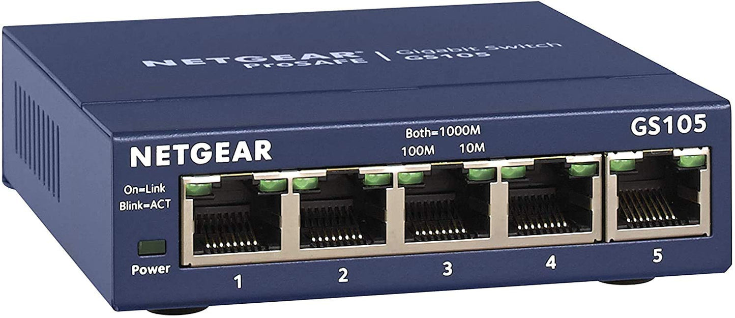 NETGEAR 5 Port Gigabit Network Switch (GS105) - Ethernet Splitter - Ethernet Switch - Ethernet Hub - Plug-and-Play - Silent Operation - Desktop or