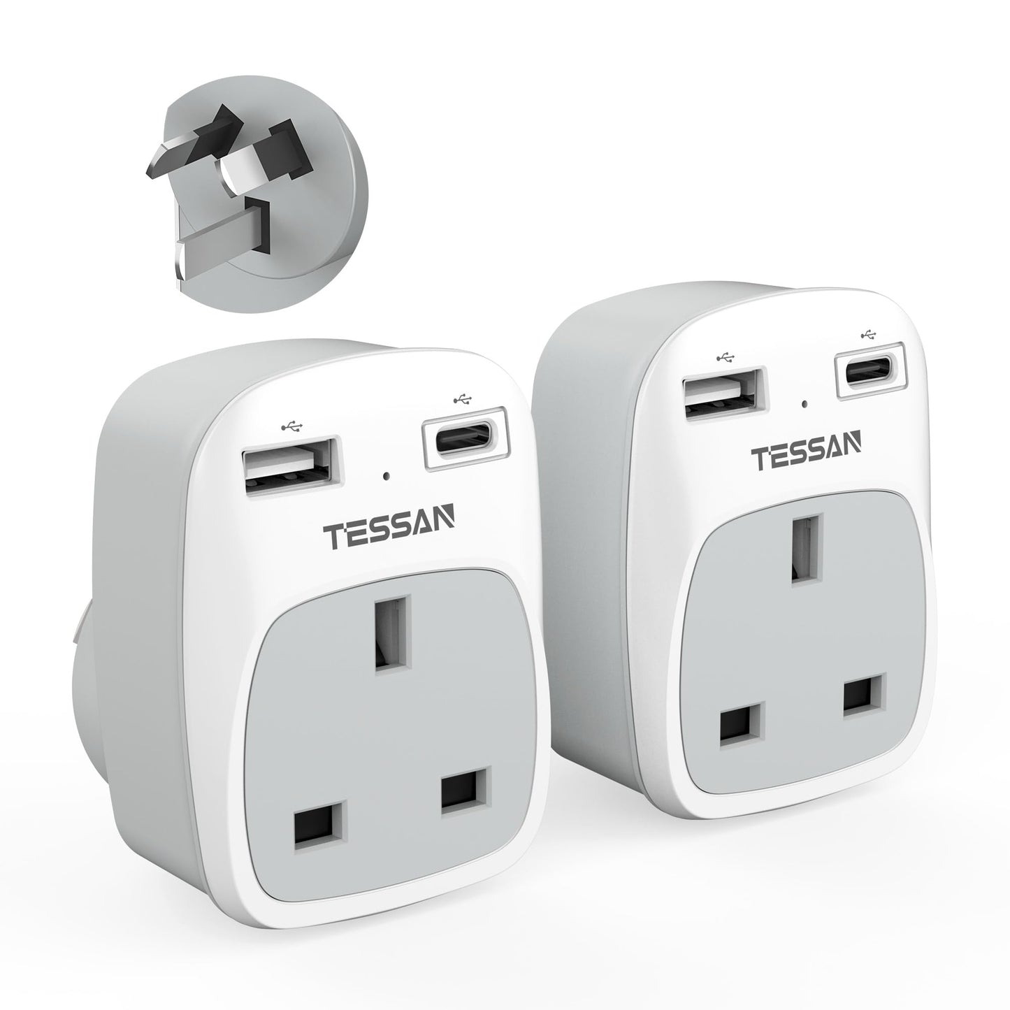 Australian Plug Adaptor from UK 2 Pack, TESSAN AU AUS NZ Plug Travel Adapter with 2 USB Ports, Grounded Power Adapter to Australia China Fiji