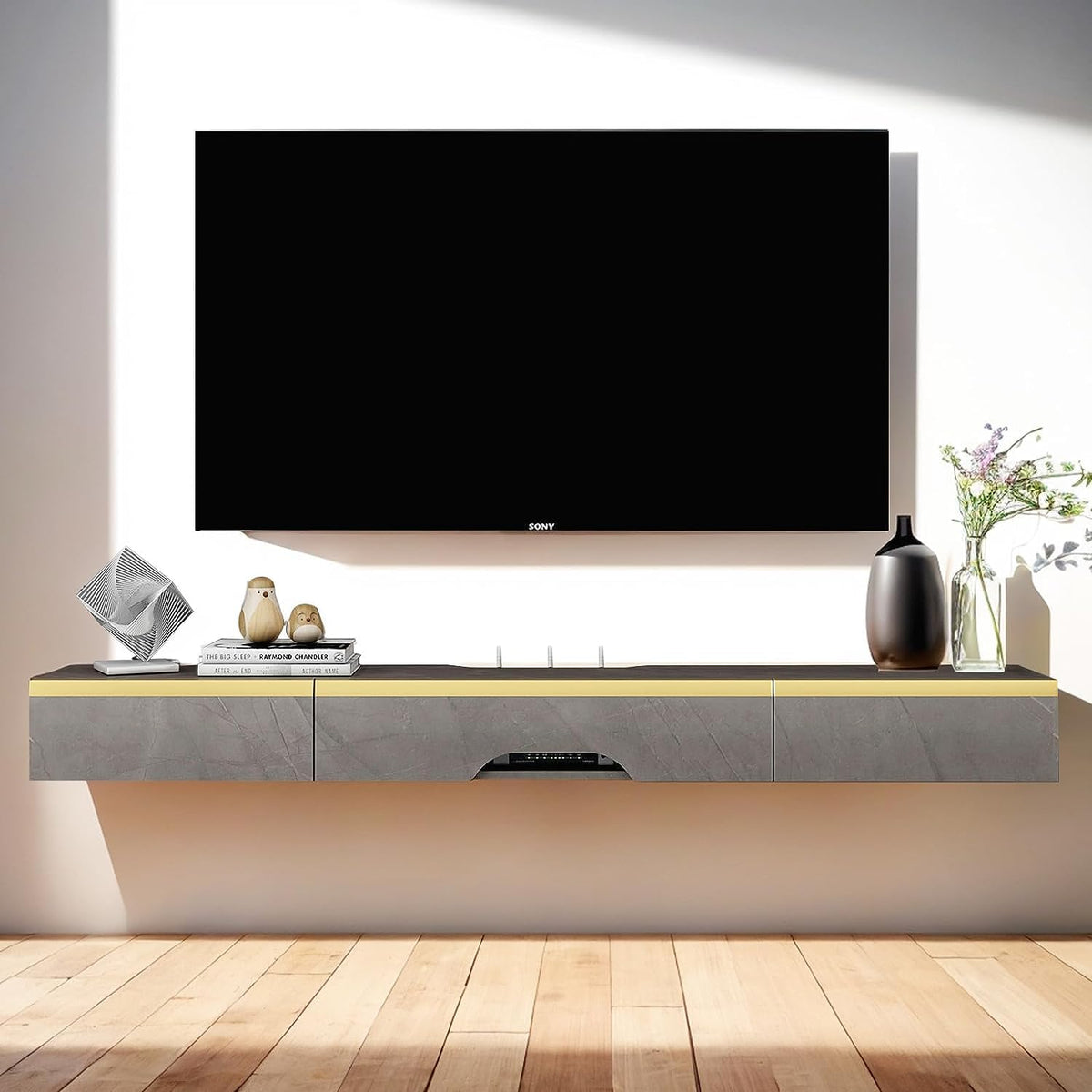 Pmnianhua Floating TV Stand, Wall Mounted TV Cabinet, Floating Shelves with 2 Drawers and 1 Door