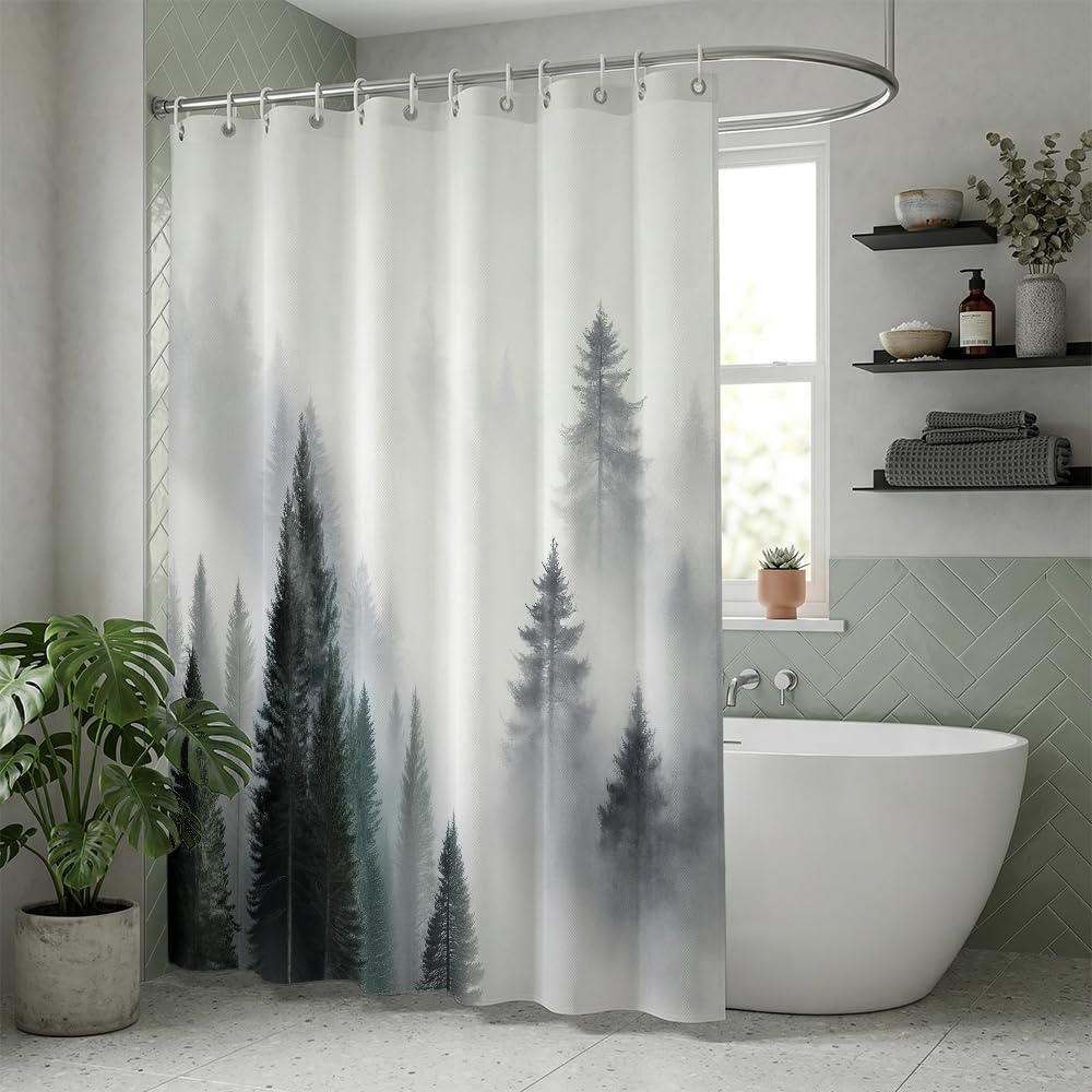 Rohxyzo Washable Shower Curtain with Hooks, Wet Room Shower Curtain 180 x 180 cm, Ink Art Misty Forest Print