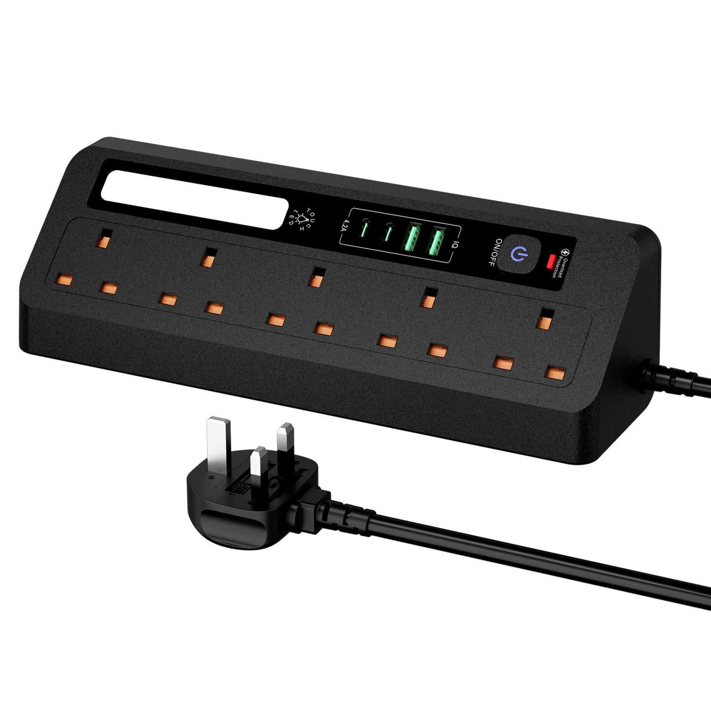Extension Lead with USB Slots 5 AC Way Outlets, 3M/9.84FT Power Strip With Touch Nightlight,2 USB+2Type-C Slots Charging Surge Protected Electrical