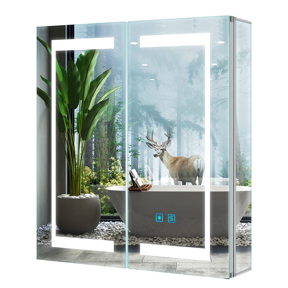 Tokvon? Gemini Bathroom Mirror Cabinets with lights Double Door Wall Mounted Shaver Socket Demist Defog Adjustable led Dimmer 630 x 650 mm Aluminum