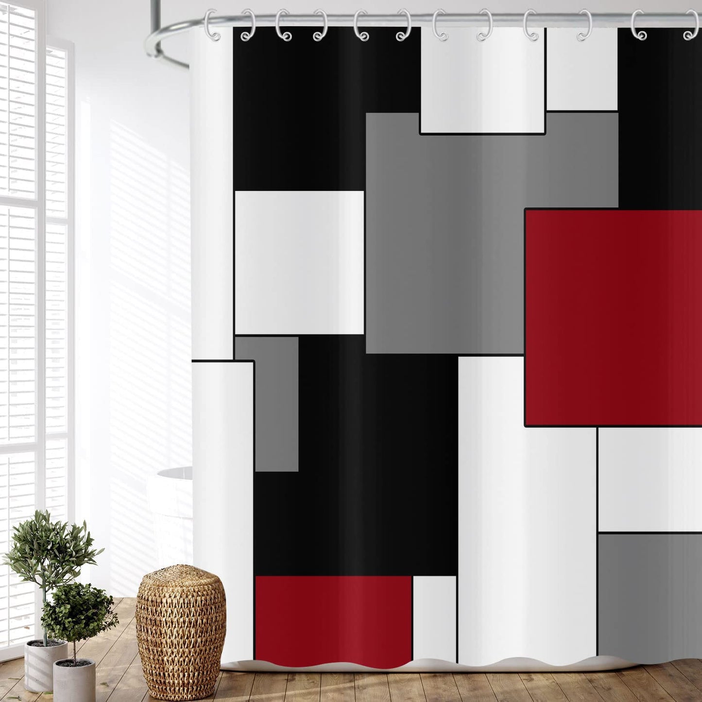 ASDCXZ Shower Curtain Red 180x180 cm, Modern Abstract Geometry Red Black Grey White Waterproof Textile Bathroom Shower Curtains Washable Polyester