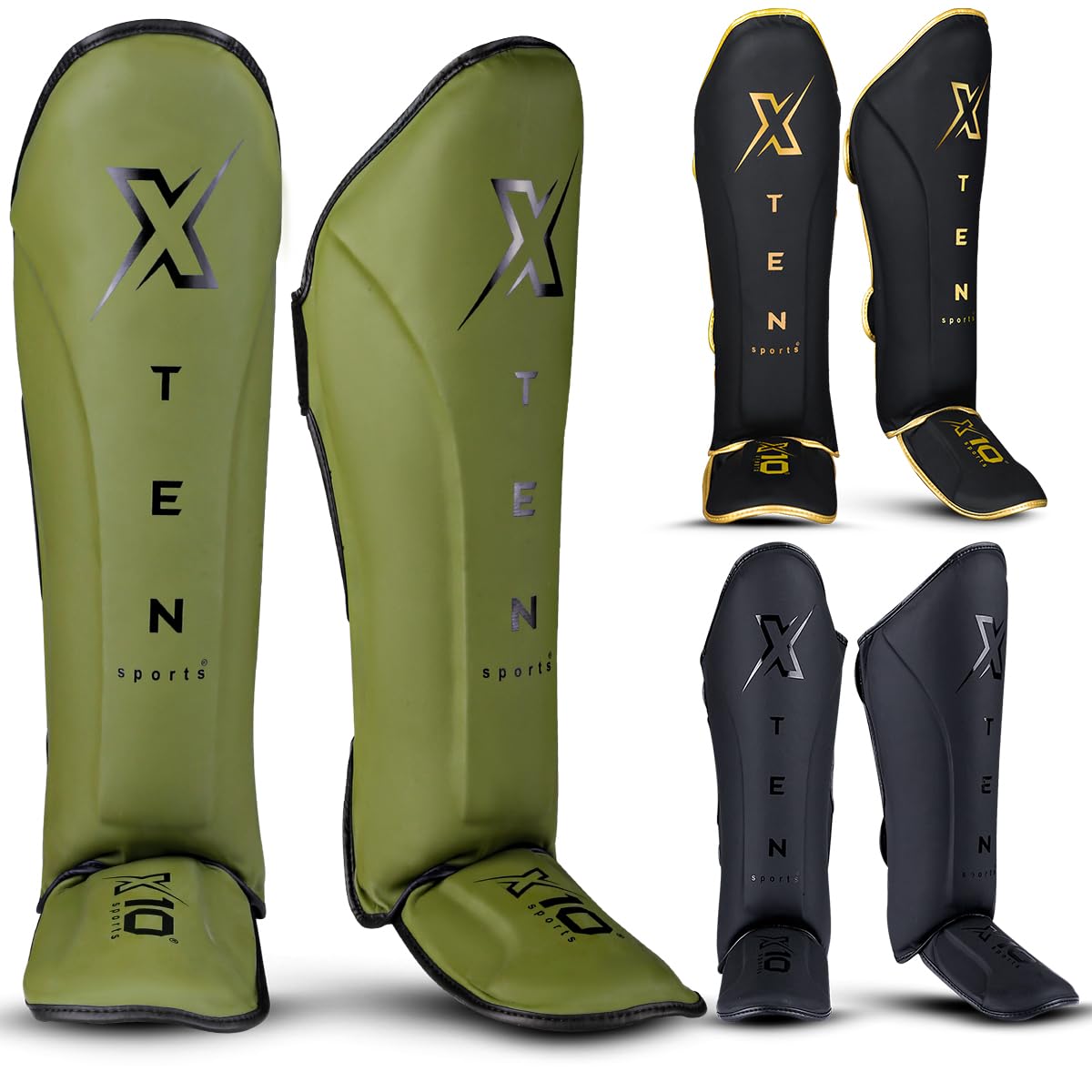 XTEN SPORTS Shin Guards Muay Thai, MMA, Gel Integrated Padding, Training Sparring, Boxing, Kickboxing, BJJ, Taekwondo Protective Gear, Olive Green
