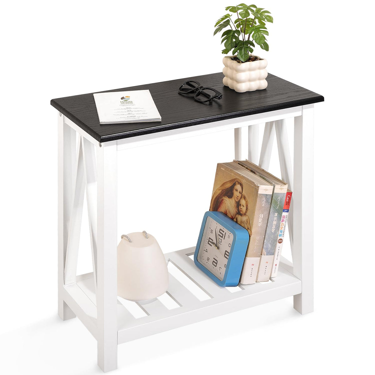 FEUFOAM Farmhouse End Side Table Wood Frame Narrow Side Table with Shelves Black White Rectangular Night Stand Sofa Table for Couch, Small Spaces