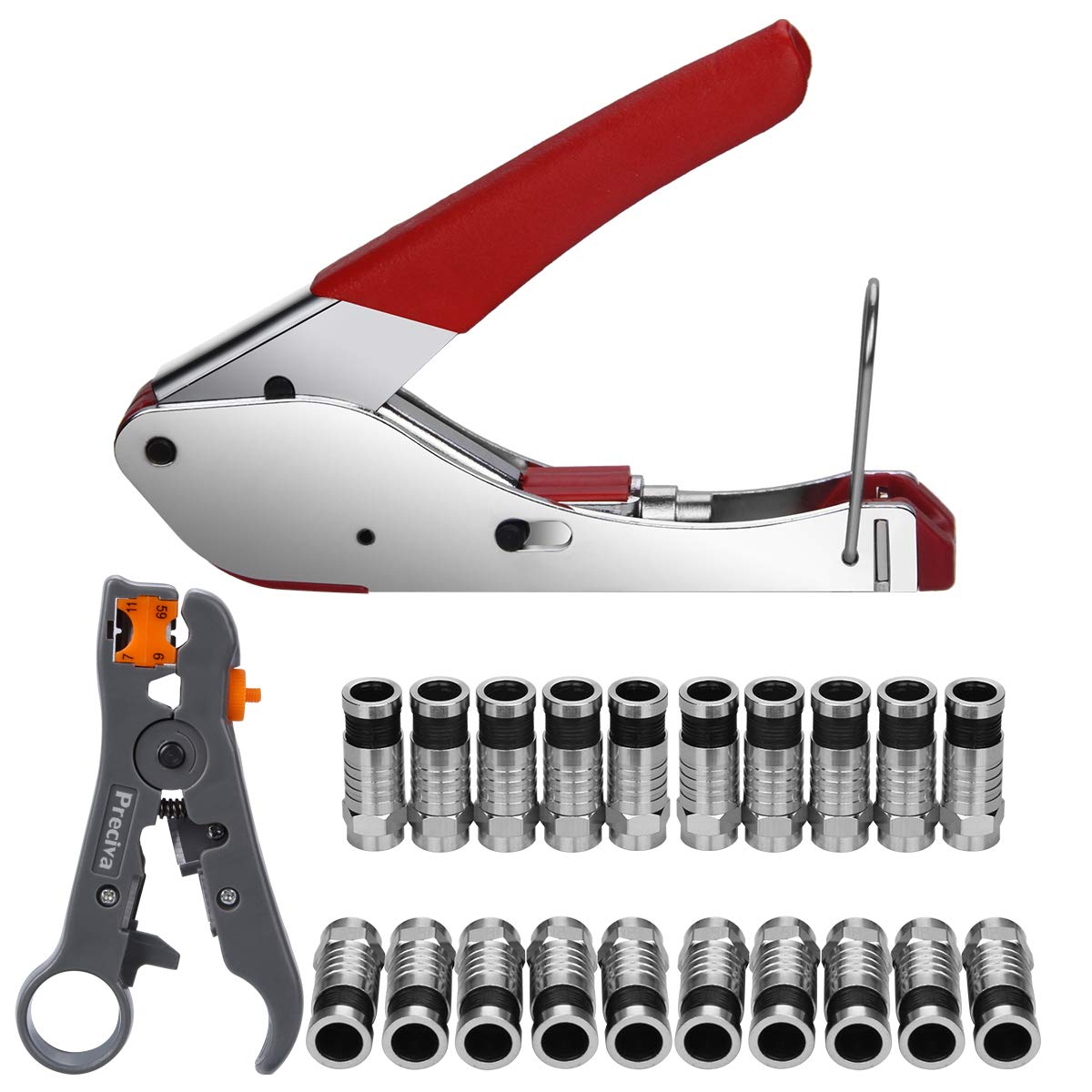 Preciva Coax Cable Crimper, Coaxial Wire Compression Toolkit with Crimp Tool, Double-Blade Wires Terminal Stripper Adjustable for Cable RG59/6/58/174,